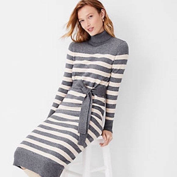 Women’s Ann Taylor Sweater dress with tie turtleneck gray white size Petite M - Picture 1 of 5
